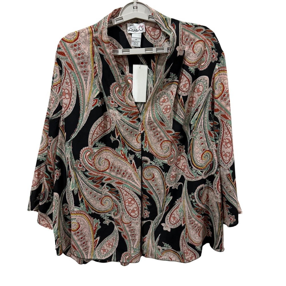 Emma G Womens Plus 2X Paisley V-Neck Blouse Black Pink Green‎ KC26434 NWT